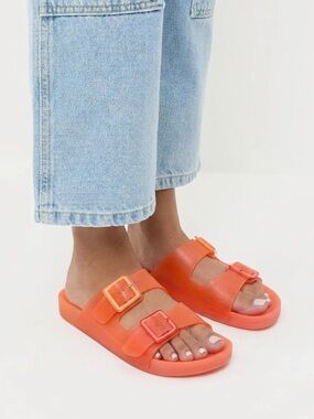 Orange Double-Buckle Slide Sandals